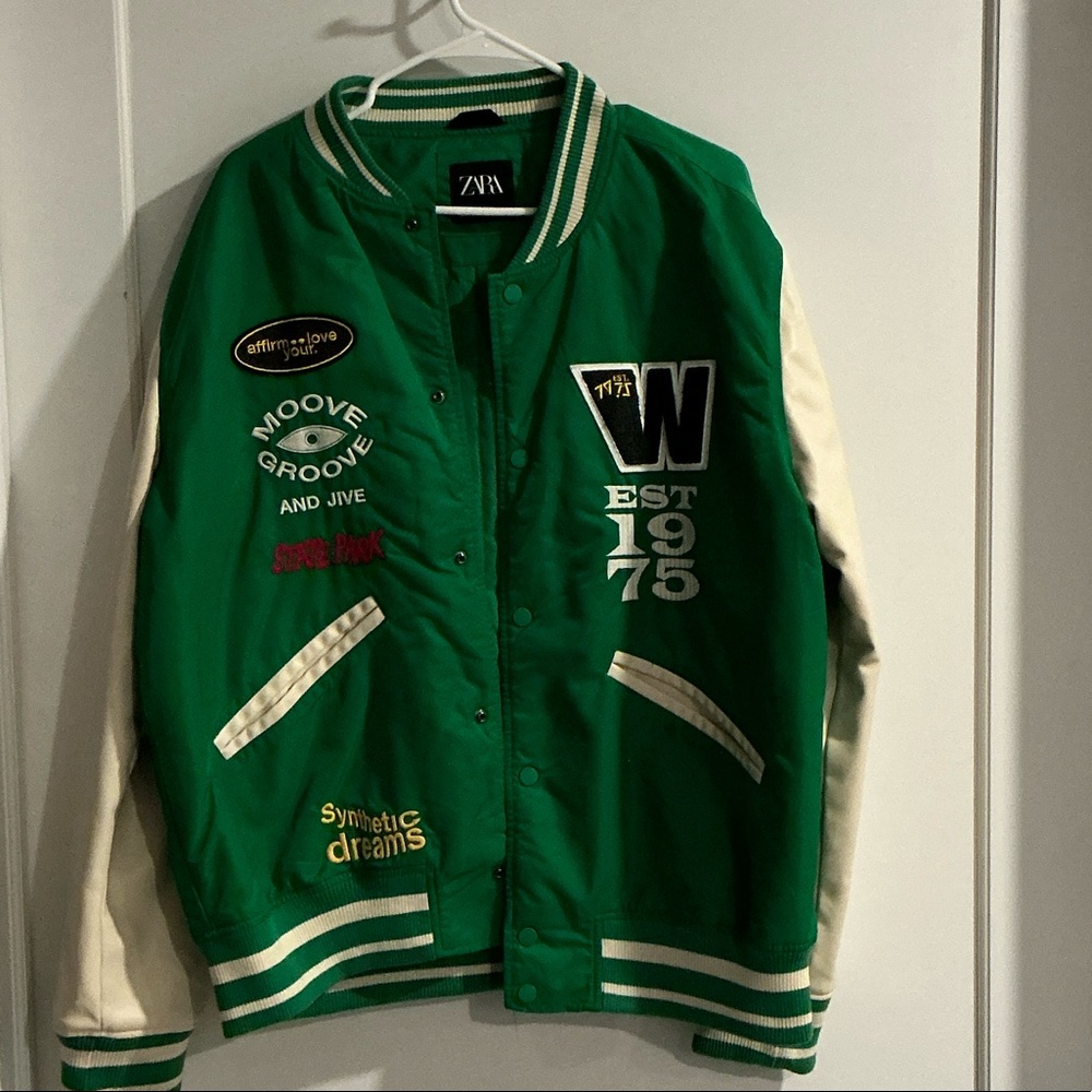 Zara Green and Cream Varsity Jacket with Patches